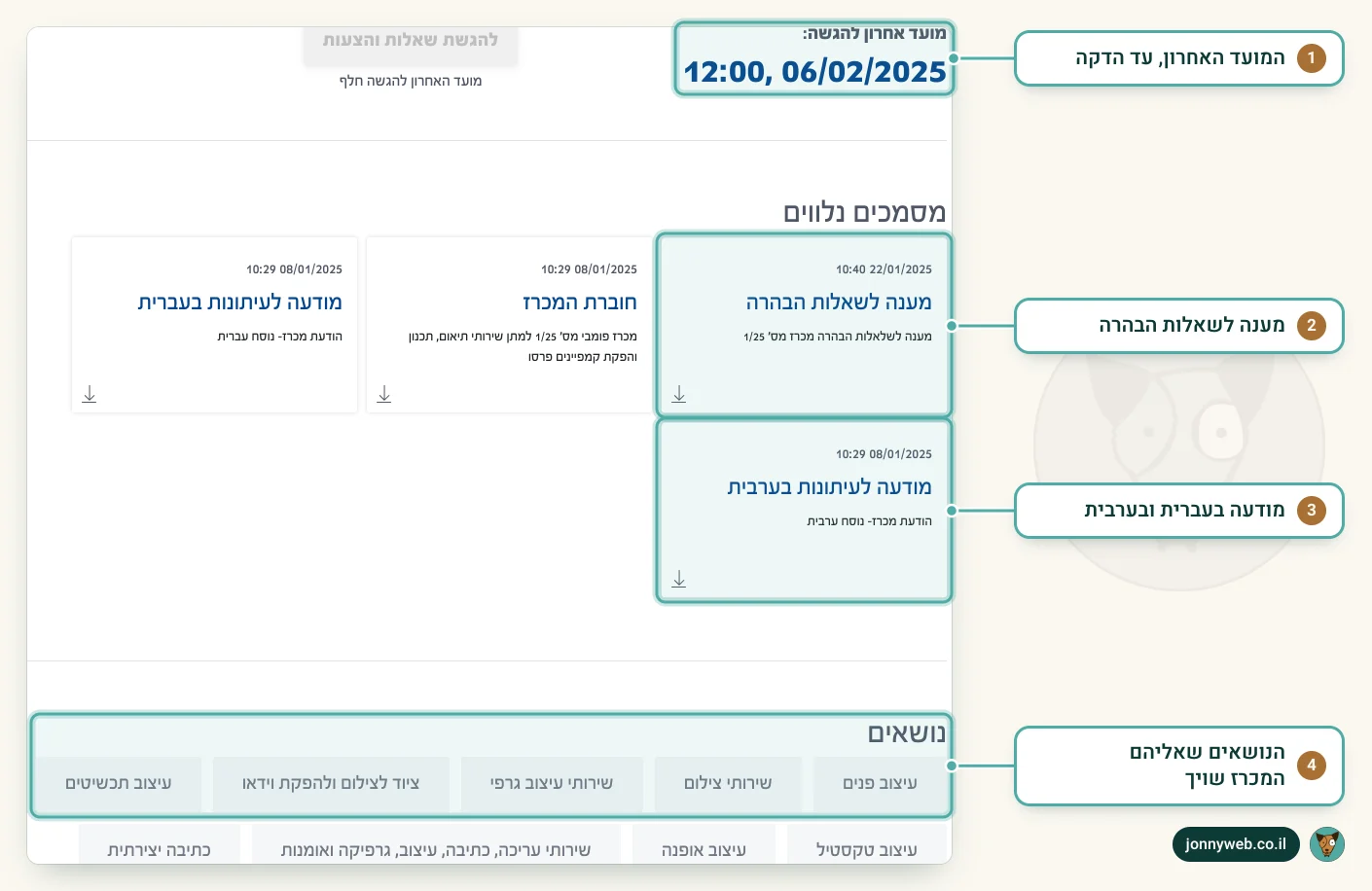 עמוד מכרז פומבי של לשכת הפרסום הממשלתית באתר מינהל הרכש: מועד אחרון להגשה, מענה לשאלות הבהרה, חוברת המכרז, מודעות בעברית ובערבית ונושאים