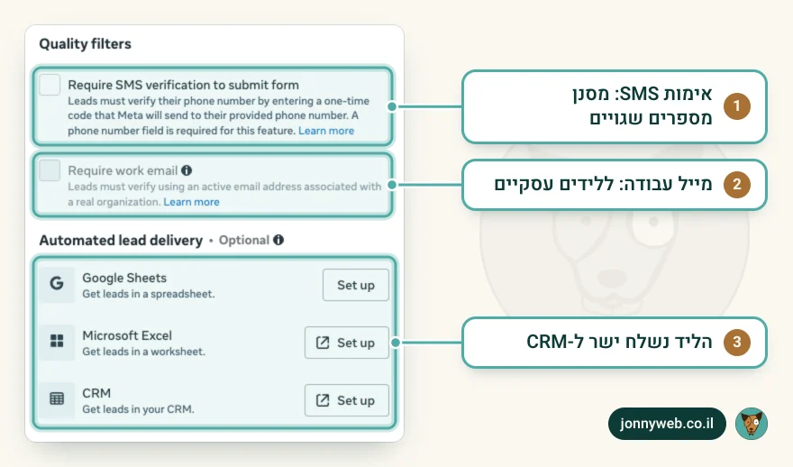 הגדרות טופס מיידי ב-Ads Manager: מסנני איכות של אימות SMS ומייל עבודה, ומשלוח לידים אוטומטי ל-Google Sheets, ל-Excel או ל-CRM