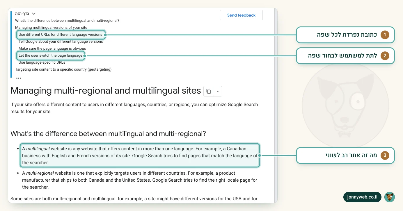 עמוד התיעוד של Google Search Central על ניהול אתרים רב לשוניים, עם תוכן העניינים וההגדרה של אתר רב לשוני