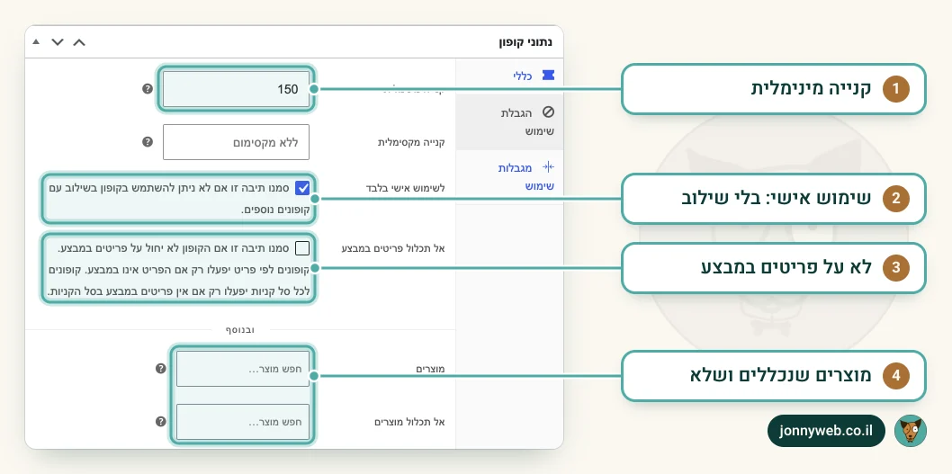 עריכת קופון בווקומרס, לשונית הגבלת שימוש: קנייה מינימלית 150, קנייה מקסימלית, שימוש אישי מסומן, אי הכללת פריטים במבצע ושדות מוצרים שנכללים ושלא