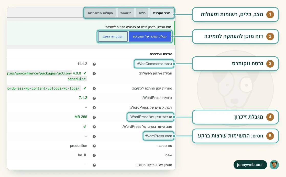 מסך המצב של ווקומרס בעברית: לשוניות מצב מערכת, כלים, רשומות ופעולות מתוזמנות, כפתורי הבנת דוח המצב וקבלת תמיכה, וטבלת סביבת וורדפרס